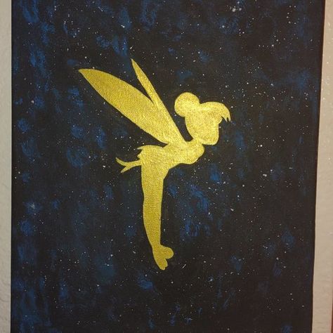 Disney- Tinkerbell painting Tinker Bell Painting, Tinkerbell Painting, Tinker Bell Silhouette, Fairy Painting, Night Sky Background, Record Painting, Disney Canvas Art, The Art Of Life, Disney Canvas