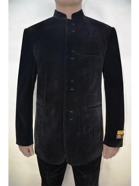 SKU#M782GA Mens Eight Button Mandarin Banded Collar Black Velvet Fabric Suits Velvet Blazer Mens, Ministry Apparel, Chinese Collar Shirt, Mens White Suit, Black Velvet Suit, Suede Suit, Formal Vest, Banded Collar Shirts, Black Velvet Fabric