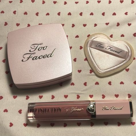 Coquette Makeup Products Aesthetic, Too Faced Coquette, Essence Makeup Aesthetic, Too Faced Makeup Aesthetic, Coquette Makeup Products, Too Faced Aesthetic, Dollette Makeup, Too Faced Lip Gloss, Cosmetics Aesthetic