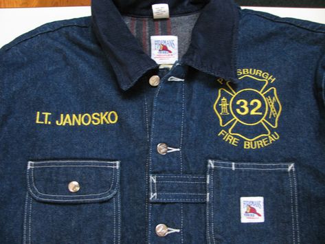 Denim Work Jacket,FDNY,Indianapolis,Chicago,Boston Fire Department Firefighter Jacket, Terry Farrell, Firefighter Humor, Chore Coat, Style Coat, Work Jacket, Work Jackets, Fire Department, Quilted Jacket