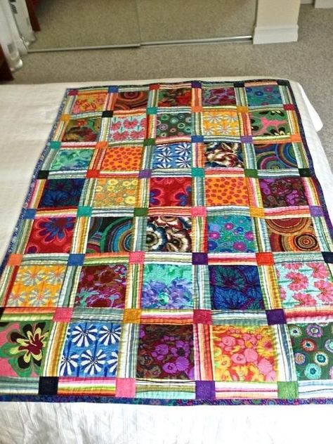 Kaffe Fassett Quilt - large scale prints and stripes by johnnie: Quilts With Sashing, Kaffe Fassett Quilts Ideas, Large Scale Prints, Simple Quilt, Charity Quilts, Quilted Projects, Patchwork Ideas, Bright Quilts, Kaffe Fassett Quilts