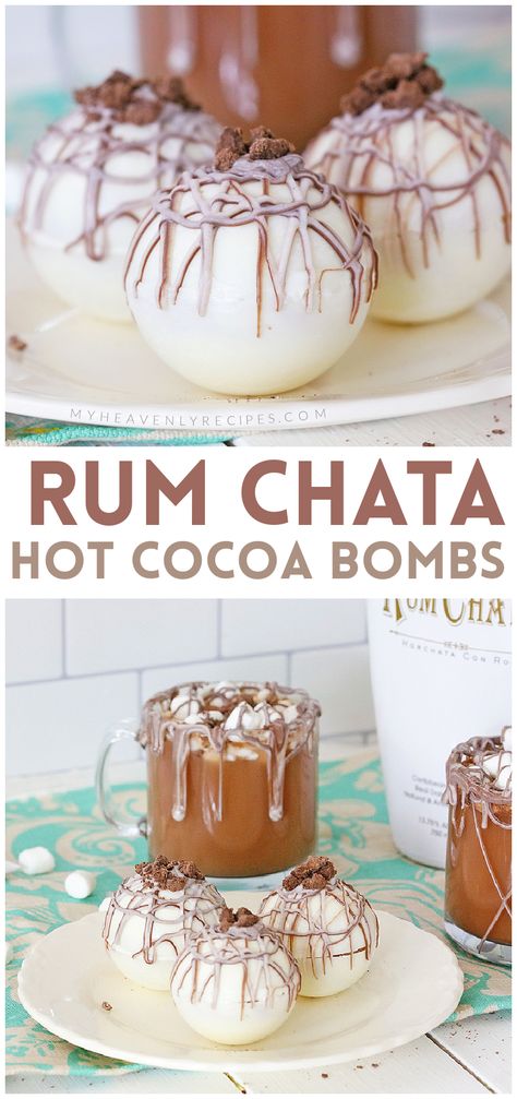 rum chata hot cocoa bombs Coffee And Chocolate Bar, Hot Cocoa Balls Christmas, Different Hot Cocoa Flavors, Hot Coco Balls Diy, Boozy Cocoa Balls, Hot Cocoa Bombshell Recipe Diy, Chocolate Mold Desserts, Silicone Mold Dessert Ideas, Hot Coco Bombshell Diy