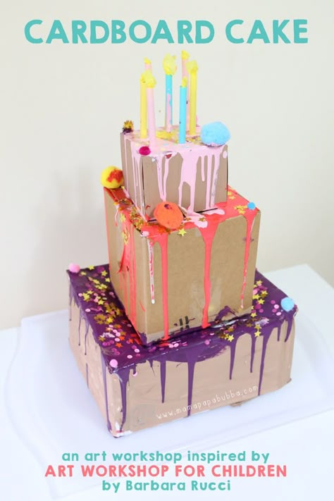 Kids can make this colorful, drippy, sequined, cardboard cake with just a few supplies and their imagination! Inspired by the book Art Workshop for Children by Barbara Rucci. Cardboard Cakes For Kids, Birthday Cake Crafts Preschool, Cardboard Cake Craft, Cardboard Birthday Cake, Carton Cake Ideas, Cake Art Project, Cake Decorating Activity, Birthday Cake Art, Cardboard Cake