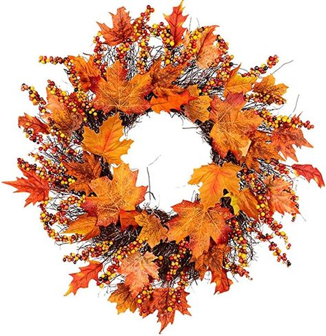 Fall Front Door Wreath - Artificial Fall Wreath - 24”Floral Wreath with Berries - Autumn Maple Leaves Wreath for Front Door Wall Window Halloween Christmas Thanksgiving Harvest Festival Decor: Amazon.ca: Home & Kitchen Maple Leaf Wreath, Thanksgiving Garland, Fall Leaf Wreaths, Harvest Wreath, Door Wreaths Fall, Artificial Wreath, Wreath Decoration, Cloth Flowers, Autumn Wreath