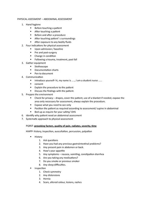 Abdominal assessment- osce - PHYSICAL ASESSMENT ABDOMINAL ASSESSMENT 1. Hand hygiene Before touching - Studocu Abdominal Assessment Nursing, Hand Hygiene, Post Surgery, Nursing Students, Assessment, How To Introduce Yourself, Surgery, Nursing, Physics