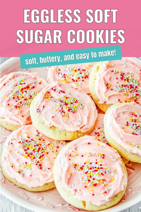 This Easy Eggless Soft Sugar Cookies are soft, thick, buttery, and super easy to make! The recipe turns out perfect every time, and the cookies stay soft for days! The recipe includes step-by-step photos and lots of tips. Eggless Cookies Recipes Videos, Cookie Without Eggs, Sugar Cookie Recipe Without Eggs, Dessert Without Eggs, No Egg Sugar Cookies, Easy Eggless Desserts, Sugar Cookie Recipe No Egg, Cookies With No Eggs, Eggless Cookies Recipes