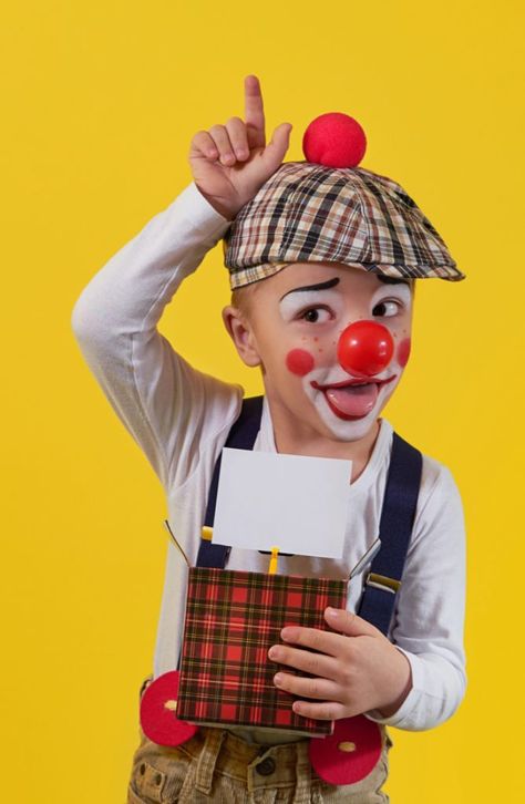 No clown costume is complete without amazing clown makeup Clown Day At School Ideas, Clown Makeup Kids Cute, Clown Makeup Boys For Kids, Toddler Clown Makeup, Kids Clown Face Paint, Clown Face Paint Kids Easy, Clown Makeup For Boys, Cute Clown Makeup For Kids, Diy Clown Costume Kids