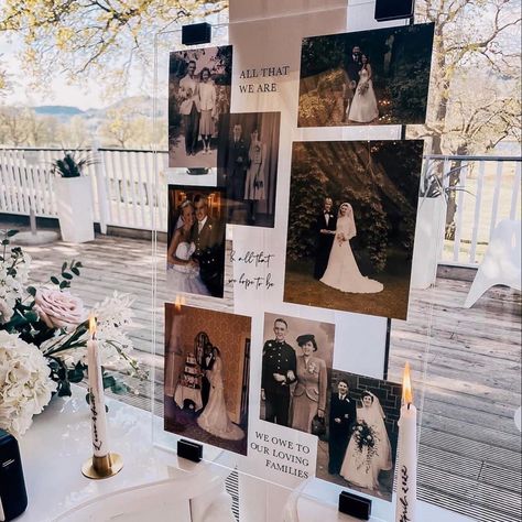 Picture Collage Wedding Display, Engagement Picture Display At Wedding, Photos Of Bride And Groom Display, Picture Display Wedding, Photo Board Ideas, Photo Wall Wedding, Tree Wedding Photos, Wedding Photo Wall, Family Tree Wedding