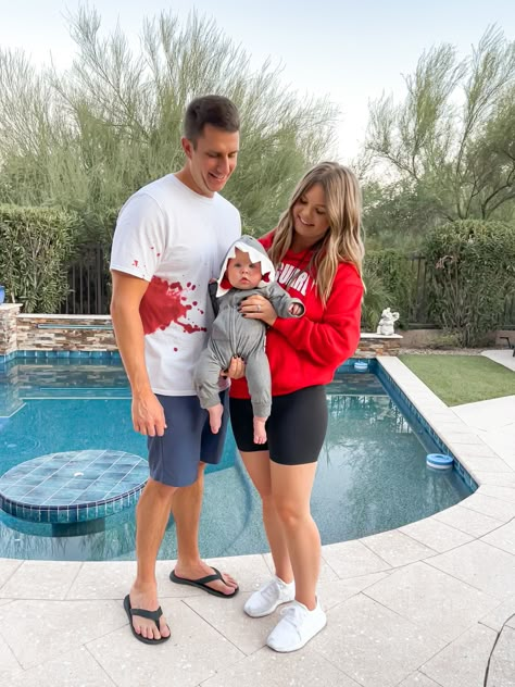 Baby shark family Halloween costume Lifeguard Halloween, Wedding Napkin Folding, Shark Halloween Costume, Shark Baby Costume, Family Themed Halloween Costumes, Shark Halloween, Family Halloween Costume, Newborn Halloween Costumes, First Halloween Costumes