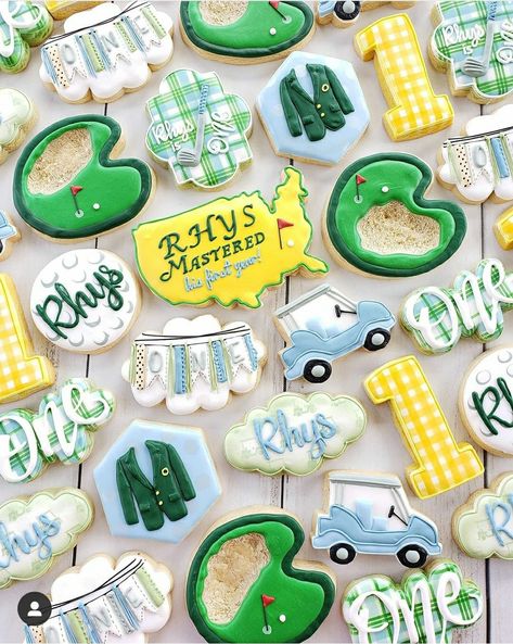 Masters Cookies Golf, Golf 1st Birthday Cookies, Golf 3rd Birthday Party, Golf Cookies, Golf First Birthday, First Birthday Cookies, Golf Birthday Party, Boys First Birthday Party Ideas, Golf Birthday