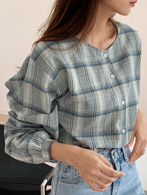 DAZY Plaid Print Button Front Blouse Gray Shirt Outfit, Check Tops, Plaid Blouse, Women Blouses, Grey Shirt, Plaid Print, Women Tops, Sleeve Cotton, Plaid Shirt