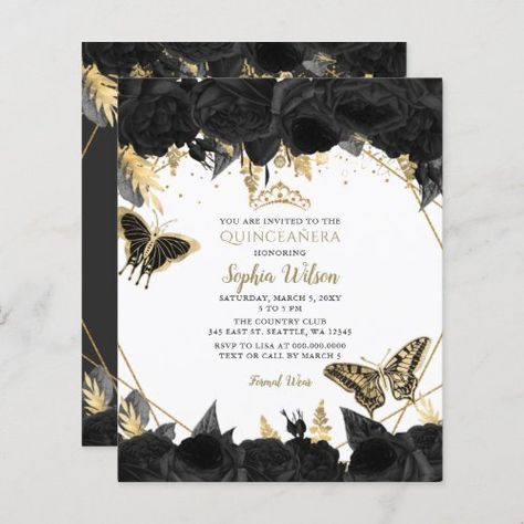 $1.38 | Budget Black Gold Butterfly Quincea�era Invitation #quinceanera, glitter, mis quince, gold, vintage, tiara, mis princess crown, butterfly, elegant, black Bday Invitation Card, Quinceñera Invitations, Butterfly Sweet 16, Black And Gold Invitations, Quince Invitations, Butterfly Invitations, 50th Birthday Party Invitations, Blue Invitation, Quinceanera Themes