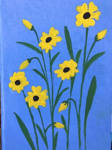 Easy painting on cardboard Small Yellow Flowers Painting, Cardboard Art Painting Easy, Small Cute Drawings Easy Flowers, Cool Easy Paintings On Canvas Aesthetic, Drawing Ideas On Cardboard, Yellow Easy Painting, Simple Flower Painting Ideas For Beginners, Yellow Flower Painting Easy, What To Paint Easy For Beginners