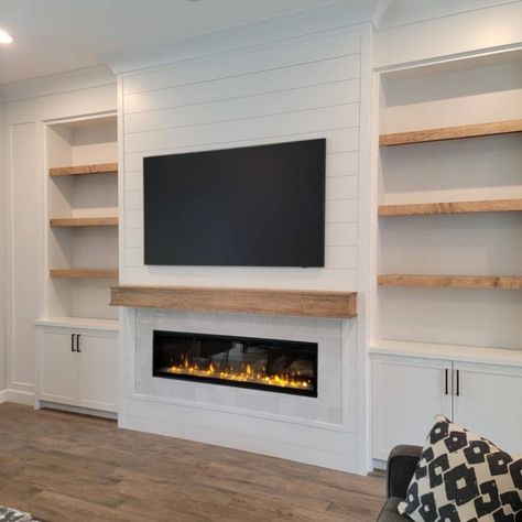 Built-ins & Cabinets — Champagne Taste Design Livingroom Tv Wall Ideas, Shiplap With Built Ins, Cabinets And Shelves Next To Fireplace, Built In Tv Wall Unit With Mantle, Fireplace And Shelves Ideas, Coastal Living Room Built Ins, Diy Fireplace Tv Wall With Cabinets, Built In Around Tv And Fireplace, Recessed Built Ins Around Fireplace