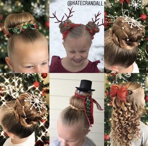 A highlight of my daughters Christmas hairstyles I did on her this month. Reindeer holly snowman and the red bow is her hair. More pictures/videos on my insta @KateCrandall. #hair #beauty #Skin #Deals #me #fashion #love #cute #style #women #makeup Reindeer Hairstyles For Kids, Christmas Hair Dos For Kids, Christmas Hair Buns For Kids, Crismas Hairstyles, Christmas Kid Hairstyles, Christmas Hair Bun, Grinch Hairstyles Crazy Hair, Christmas Tree Hair Kids, Crazy Holiday Hair Christmas