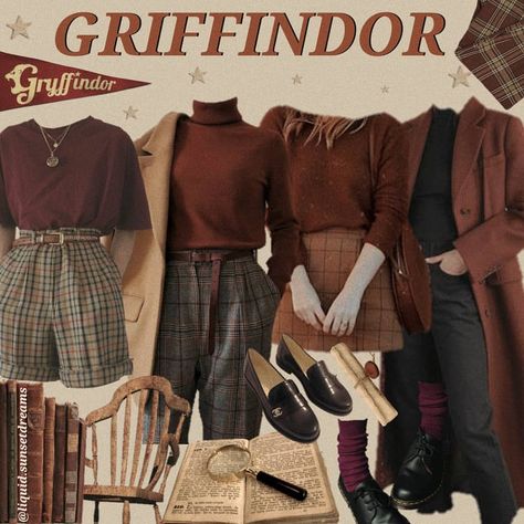 swipe for hogwarts house dark academia fits✨ . . . #moodboarding #moodboards #moodboarders #moodboardaccount #moodboard #moodboardaesthetic… Dark Academia Gryffindor, Gryffindor Academia Outfit, Gryffindor Outfits Aesthetic, Marauders Style Outfits, Hogwarts Outfit Ideas, Harry Potter Outfit Ideas Casual, Gryffindor Outfit Ideas, Griffindor Outfits, House Dark Academia