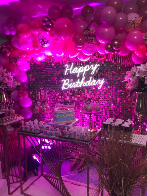 Marquee Birthday Party Ideas, Neon Pink Birthday Party, Glam Party Decorations, Festa All Pink, Birthday Ideas Pink, Neon Pink Party, Disco Theme Birthday, My Melody Birthday, Happy Birthday Wishes For Sister