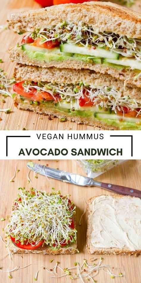 Sandwich with toasted bread, hummus, avocado, sprouts, cucumbers and tomato. Avocado Sandwich Vegan, Veggie Hummus, Sp 500, Hummus Avocado, Healthy Sandwich Recipes, Avocado Sandwich, Plant Based Diet Recipes, Summer Tattoo, Vegetarian Sandwich