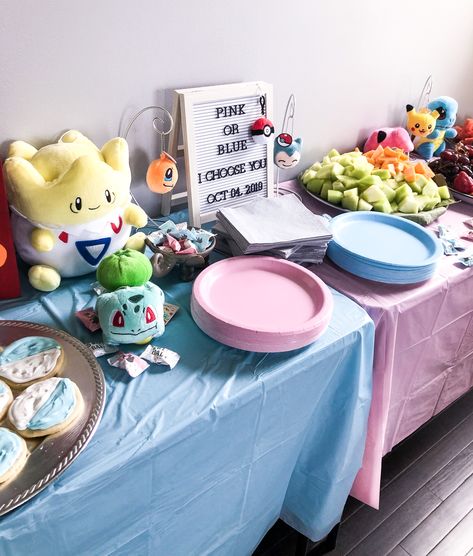 Anime Themed Gender Reveal, Anime Gender Reveal Ideas, Gender Reveal Pokemon Theme, Gender Reveal Ideas Pokemon, Gender Reveal Pokemon, Pokémon Baby Room, Pokemon Gender Reveal Ideas, Pokemon Baby Announcement, Pokemon Pregnancy Announcement