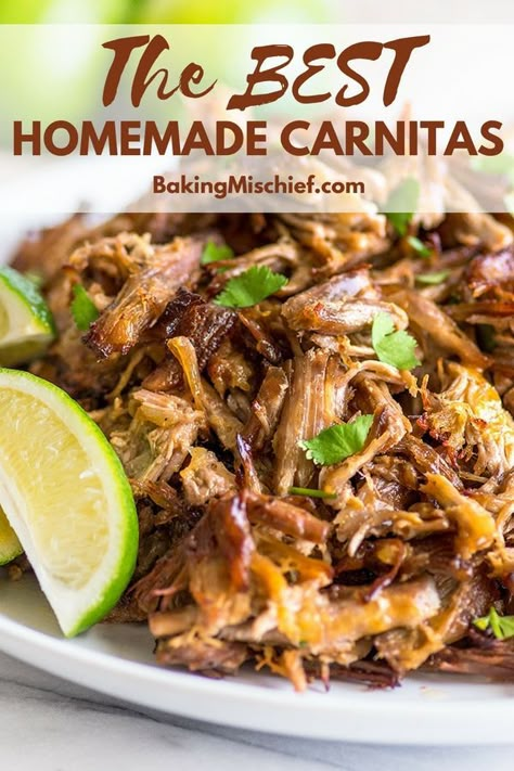 This Easy Carnitas Recipe makes the BEST carnitas: rich, tender shredded pork with crispy, crunchy edges, perfect for tacos, burritos, or just eating by the forkful. Post includes step-by-step instructions and everything you ever wanted to know about making carnitas. Easy Carnitas, Mexican Carnitas, Shredded Pork Tacos, Shredded Pork Recipes, Pork Carnitas Recipe, Enchilada Pasta, Pork Carnitas Slow Cooker, Homemade Mexican, Mexican Recipe