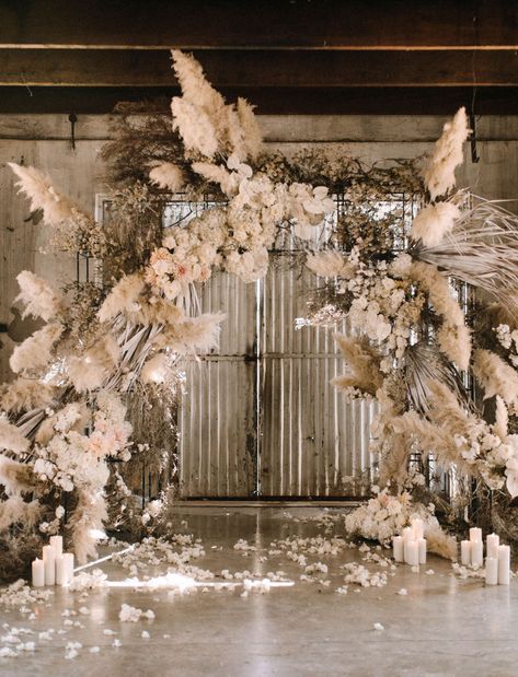 An arch with textured grasses, cotton plants, fragrant roses, hydrangeas, dahlias, and local fynbos, all in white + neutral tones. Boho Wedding Altar, Fragrant Roses, Wedding Altars, Grass Wedding, Boho Wedding Inspiration, Open Door, Green Wedding Shoes, Wedding Cake Designs, Big Wedding