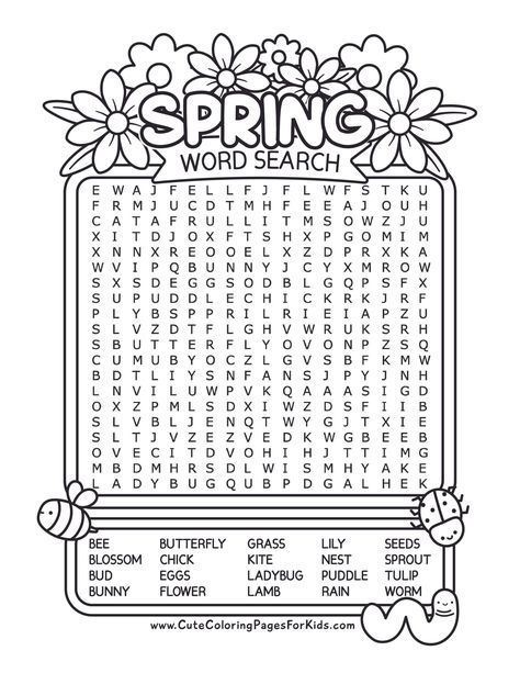 Celebrate spring with this fun and challenging free printable word search for kids.  Grab both challenge levels for kids of all ages.  There is a larger puzzle with 20 words, or you can download the smaller puzzle with just 10 easy words for young readers.  We also provide an optional answer sheet you can download as well! Cute Activity Sheets, Easter Activity Pages For Kids, Spring Worksheets 3rd Grade, Spring Activity Sheets Free Printables, Spring Activities For School Age, March Word Search Free Printable, Spring Puzzles Free Printable, April Word Search, 2nd Grade Fun Worksheets