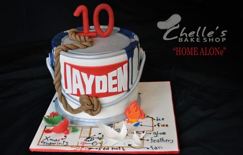 Home Alone cake!  Paint can and Kevin's 'plan' to defeat the Wet Bandits :)  www.facebook.com/chellesbakeshop Oswego, NY Home Alone Cake Ideas, Home Alone Birthday Cake, Alone Birthday, Baking Competition, Wet Bandits, Home Alone Movie, Movie Cakes, Hot Fan, Paint Can