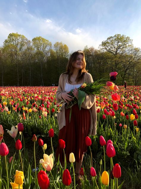 Tulip Field Pictures, Tulip Garden Aesthetic, Tulip Garden Photoshoot, Tulip Festival Photoshoot, Tulip Farm Photoshoot, Farm Poses, Tulip Field Photoshoot, Farm Picture Ideas, Tulip Picking