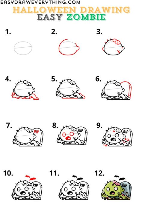 Easy zombie drawing Halloween Drawings Step By Step, Zombie Drawing Tutorial, Zombie Doodle, How To Draw A Zombie Step By Step, Zombie Sketch Easy, Cute Zombie Drawing, Zombie Cute Drawing, Simple Face Drawing, Easy Halloween Drawings