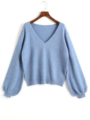 Plain Lantern Sleeve V Neck Sweater - Blue Geometric Cardigan, Batwing Cardigan, Cardigan Fashion, Light Blue Sweater, Cute Sweaters, Sporty Look, Lantern Sleeves, Sweater Fashion, Blue Sweaters