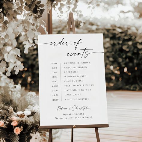 "This Wedding Order Of The Day Sign is a digital editable template, using Templett.com. Edit right in your web browser. It features a wonderful typography and refined style. This elegant Wedding Itinerary Sign will be the perfect touch for your Wedding, Rehearsal dinner, Engagement party, Vow Renewal, Bridal Shower, Bachelorette Party or other event. You will receive an access link within minutes after purchase to your email. Make your edits (wording, font, background color etc.), download and print at home or with a print shop/copy center/photo lab. Please try a free demo before purchase! ✅FULLY CUSTOMIZABLE TEXT, INCLUDING COLOR, SIZE AND STYLE ✅NO SOFTWARE TO INSTALL ✅NO FONTS TO DOWNLOAD ⬇️TRY THE DEMO BEFORE PURCHASE 🆓️FREE DEMO🆓️ TRY IT BEFORE YOU BUY IT Copy and paste this url int Order If Events Wedding Sign, Itinerary Wedding Sign, Wedding Timeline Signs, Wedding Day Timeline Sign, Wedding Itenary Board, Order Of The Day Wedding Sign, Wedding Reception Order Of Events, Wedding Schedule Sign, Timeline Wedding Sign