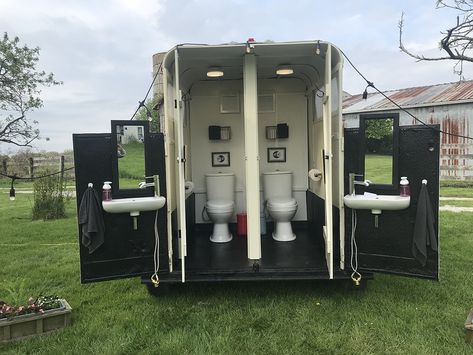 Horse trailer conversion to mobile toilets for event venue. Horse Trailer Bar Conversion Diy, Horse Trailer Bathroom Ideas, Box Trailer Conversion, Stock Trailer Conversion, Renovated Horse Trailer, Bathroom Trailer Wedding, Horse Trailer Bar Conversion, Horse Trailer Bar Interior, Diy Portable Toilet