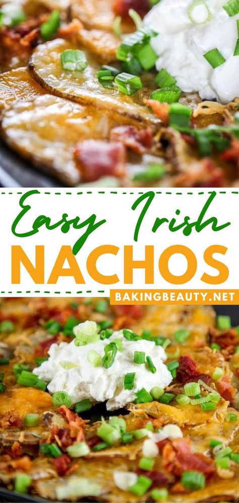 Make your game day perfect with these loaded Irish nachos! Learn how to make Irish nachos and enjoy crisp potato rounds topped with crispy bacon and gooey cheese. This is so addicting! A must-try appetizer! Easy Irish Dinner Recipes, Irish Nachos Recipe, Potatoe Nachos Recipe, Irish Pub Nachos Recipe, Irish Pub Potato Nachos, Potato Nachos Baked, Potato Nachos Pioneer Woman, Easy Loaded Nachos Recipe, Irish Pub Nachos