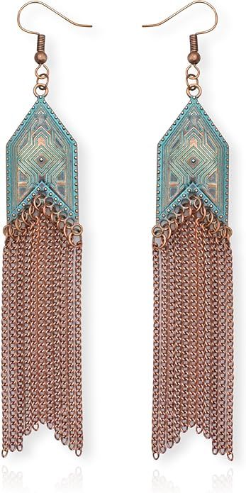 Amazon.com: Soul Statement Western Jewelry for Women: Nashville Boho Earrings, Teal Copper & Long Bronze Tassel Chains, Country Concert and Festival Accessories: Clothing, Shoes & Jewelry Patina Earrings, Stocking Stuffers For Her, Boho Turquoise, Long Chain Earrings, Western Earrings, Concert Festival, Gifts For Your Sister, Bronze Patina, Turquoise Boho