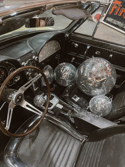 Photography vintage car retro disco balls photoshoot inspiration Disco Vintage Aesthetic, Disco Ball In Car, Car Disco Ball, Disco Ball Branding, Vintage Disco Ball Aesthetic, Disco Balls Aesthetic, Disco Core, Lexie Core, Disco Ball Photoshoot