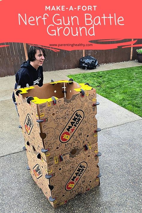 Create a Nerf Gun Battle Ground with Make-A-Fort Kits Diy Nerf Battlefield, Fort Plans, Box Fort, Fort Kit, Nerf Birthday Party, Cold Rain, Tactical Training, Battle Ground, Stem Learning