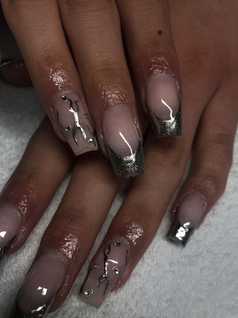 Swirly Chrome Nails, Gel Nails Ideas Squoval, Silver Abstract Nails, Grey Nails, Concert Fit, Plain Nails, Gray Nails, Long Acrylic, Blue Sparkles