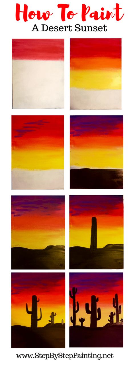 How To Paint A Cactus Silhouette Sunset - Step by Step Acrylic Painting Tutorial Chalk Sunflower, Paint A Cactus, Sunset Tutorial, Acrylic Cactus, Painting Silhouette, Cactus Silhouette, Silhouette Sunset, Diy Chalk, Painting Decoration