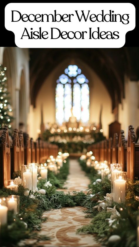 December wedding aisle decor ideas with candles and greenery Candle Lit Wedding Aisle, Small Church Wedding Decorations, Chapel Wedding Decor, Wedding Aisle Decorations Indoor, Elegant December Wedding, Indoor Wedding Aisle, Winter Wedding Aisle, Candle Lit Wedding Ceremony, White Lights Wedding