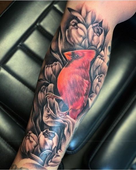 180+ Best Cardinal Tattoos Designs With Meanings (2022) - TattoosBoyGirl Red Cardinal Tattoos Men, Red Cardinal Tattoo With Flowers, Realism Cardinal Tattoo, Mens Cardinal Tattoo, Men’s Cardinal Tattoo, Cardinal Tattoo Men, Cardinal Tattoo For Men, Cardnial Tattoo, Red Cardinal Tattoo