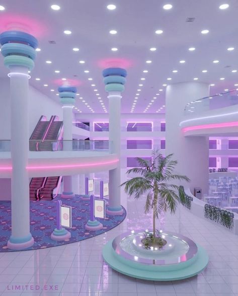 Pastel Futuristic Aesthetic, 80s Vaporwave Room, Pastel Liminal Space, Vaporwave Architecture, Room Ideas Summer, Room Ideas Retro, Vaporwave City, Bedroom For Couples, Light Purple Aesthetic