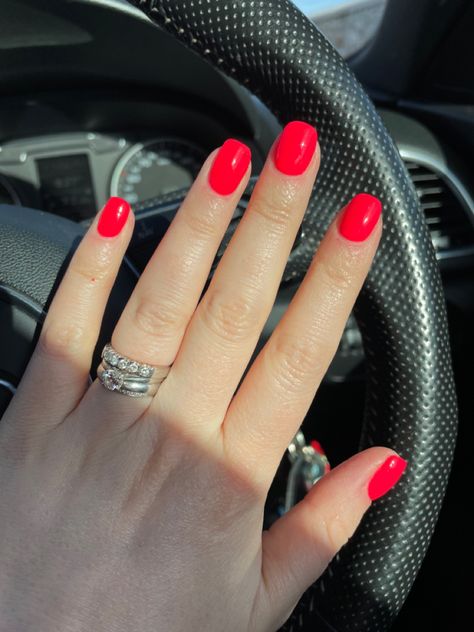 Short Nail Bright Color, Bright Coral Red Nails, Bright Short Nails For Summer, Summer Red Acrylic Nails, Bright Summer Red Nails, Bright Red Dip Nails, Bright Summer Short Nails, Pink Red Nail Color, Neon Watermelon Nails