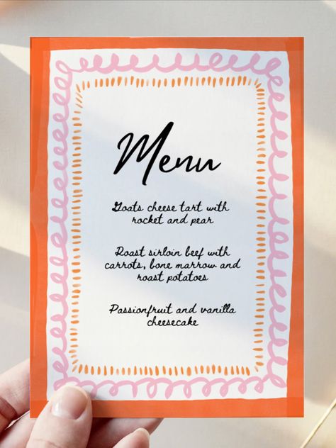 Orange and pink hand drawn menu - squiggle wavy border and hand written style font. Add some whimsical, playful charm to your special day with these instant download menu templates. Also comes with a matching editable name card. Super simple to edit and you can print at home. Check out my Pinterest for more wedding menu cards, menu inspo and wedding stationery. Menu Cards Ideas, Bachelorette Menu Ideas, Homemade Menu Design, Cricut Menu Cards, Menu On Table, Birthday Place Cards, Card Borders, Cheese Board Labels, Event Stationery