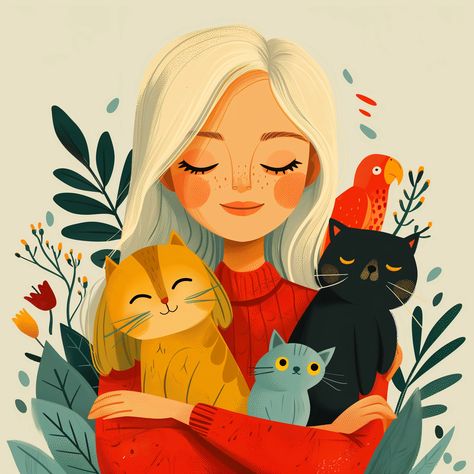 💡✨Charming Illustrations with Midjourney Prompts: Click the Link in my Profile🤩🔗 Simple Women Drawing, Woman And Cat Illustration, Digital Illustration Inspiration, Pascal Campion, Cat Hacks, Two Cats, Gems Art, Cat Owner, Cats Illustration