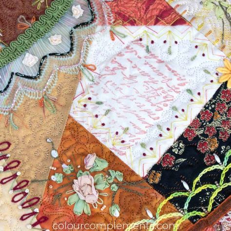 How To Use Lace In Crazy Quilting |Colour Complements Crazy Quilt Tutorials, Quilt Tutorial Video, Chevron Stitch, Crazy Quilt Blocks, Herringbone Stitch, Stitching Techniques, Metallic Yarn, Quilt As You Go, Color Complement