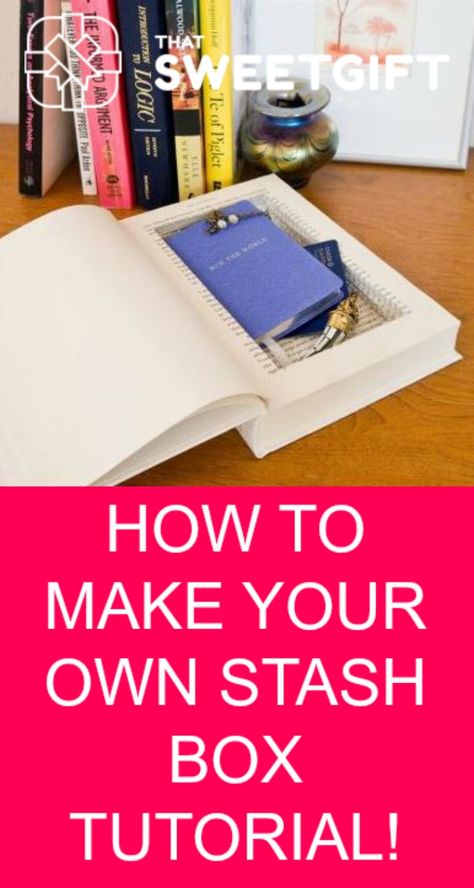 HOW TO MAKE YOUR OWN STASH BOX TUTORIAL!  May 03, 2017 By Jane 72 How to Make Your Own Stash Box Tutorial! Not all of us have a loose floorboard to hide things under, but most all of us have space for a book. With this smart, upcycle DIY, you can transform a hardcover book from your local thrift store into a secret storage compartment. Diy Book Hiding Place Secret Storage, Diy Secret Book Storage, Diy Faux Book Storage, How To Make A Book Safe Diy, How To Make A Secret Book Safe, Book Stash Box Diy, Hidden Storage Book Box Diy, How To Make A Hidden Compartment In A Book, Diy Book Safe Hidden Storage