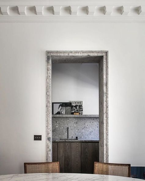 stone architrave | marble architrave | residential project in Paris 2 years ago, MLC28 Interior by @_arrivani__  Marble work by @il_granito… Granite Door Frame, Door Frame Detail, Contemporary Kitchen Remodel, Contemporary Stairs, Contemporary Door, Marble Frame, Contemporary Fireplace, Contemporary Kitchen Design, Contemporary Farmhouse