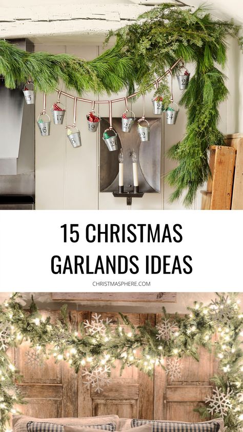 the best selection of Christmas garlands- unique, handmade, traditional, minimal- we have your Christmas garland decorations covered, Merry Christmas! CHRISTMASPHERE.COM #christmas #christmasgarlands #christmasdecor #christmasdecorations #holidayseason Christmas Garland Ceiling Beam, Decorating Wood Beams For Christmas, Hanging Branch Christmas Decorations, Christmas Window Garland Ideas, Garland On Ceiling Beams, Shower Rail Christmas Garland, Christmas Garland On Ceiling Beams, Christmas Garland On Curtain Rod, Christmas Garland Around Windows