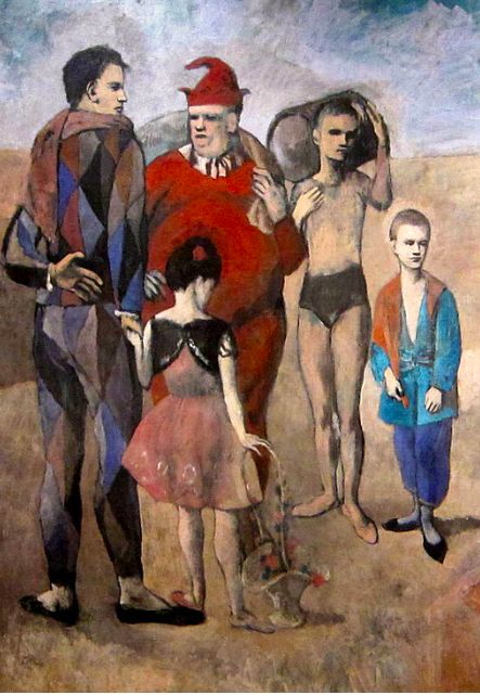 The work depicts six saltimbanques, a kind of itinerant circus performer, in a desolate landscape. Family of Saltimbanques is considered the masterpiece of Picasso's Rose Period, sometimes called his circus period. It was painted during a period from late 1904 to early 1906 when Picasso explored themes using the saltimbanque. Picasso frequently attended the Cirque Médrano in Montmartre. The composition groups the saltimbanques together but they seem disconnected and do not look at one another. Picasso Rose Period, Pablo Picasso Drawings, Picasso Blue, Cubist Movement, Pablo Picasso Art, Pablo Picasso Paintings, Ballet Russe, Picasso Paintings, Spanish Painters