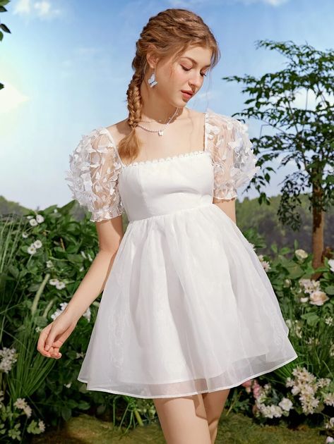 SHEIN MOD Puff Sleeve Butterfly Applique Detail Tie Back Mesh Dress | SHEIN USA Wedding Dresses Square Neck, White Butterfly Dress, Cottagecore Dresses, Short Wedding Dresses, Backless Bridal Gowns, Butterfly Applique, Net Dress, Theme Dress, Balloon Sleeve Dress